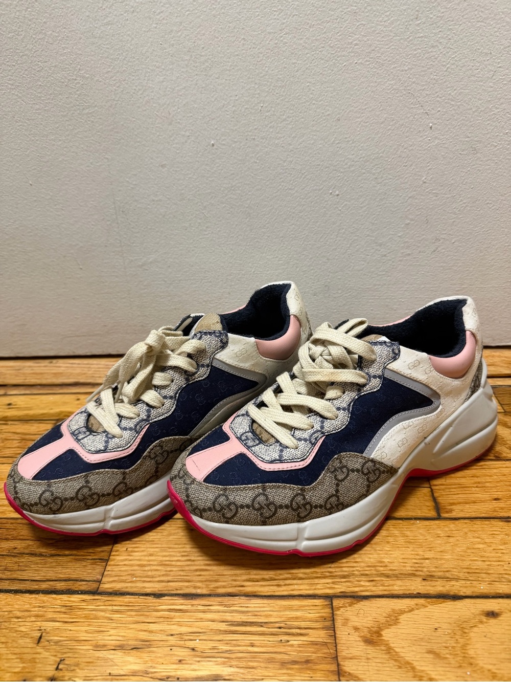 Gucci Women's Chunky Sneakers in Navy, Pink, and Beige Monogram